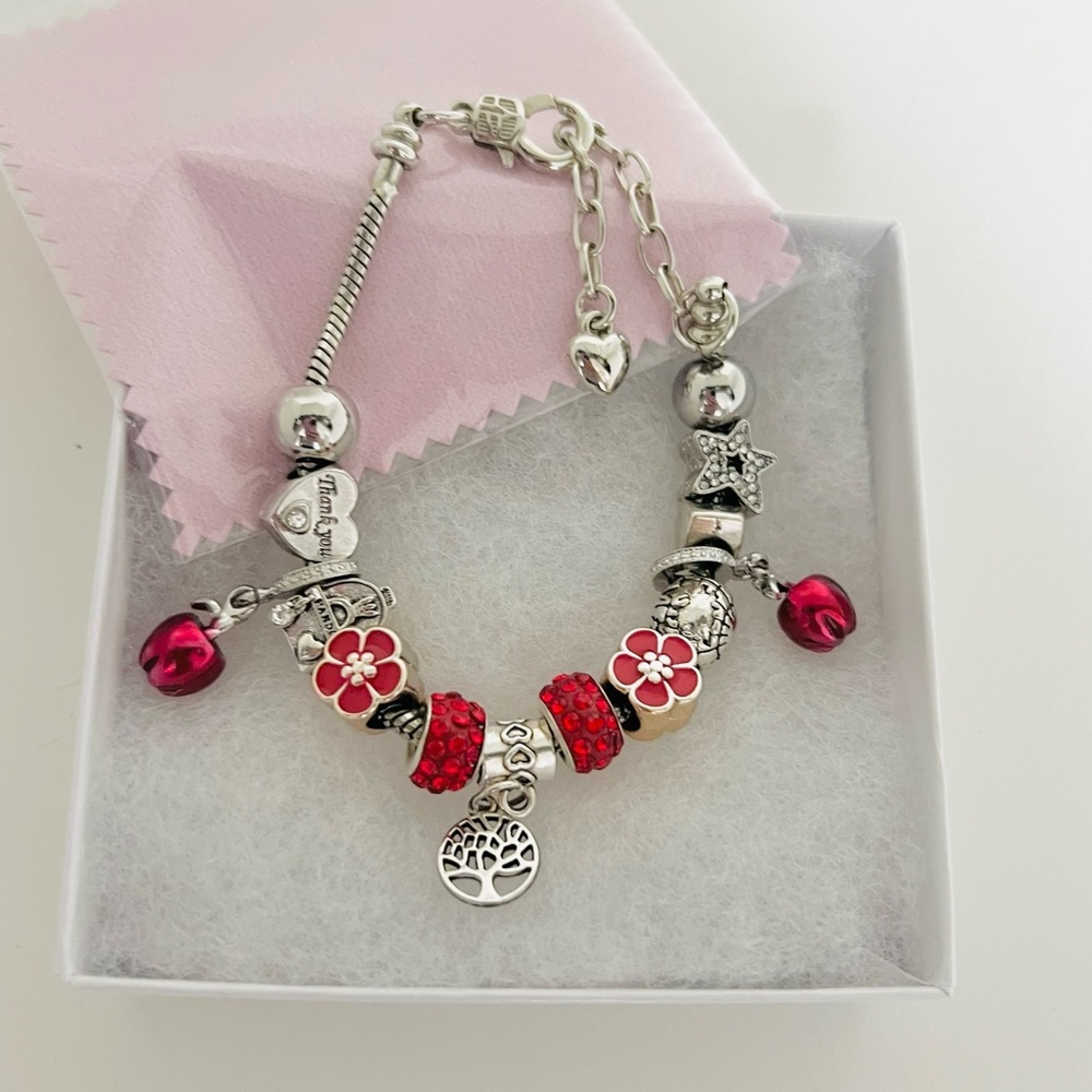 Teacher charm bracelet silver red jewelry